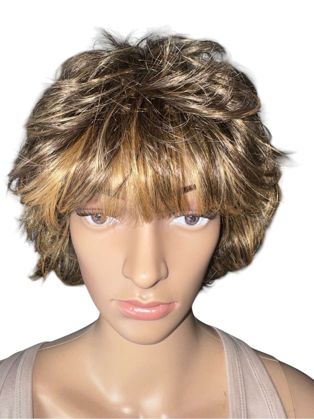 Brown With Blonde Highlights Medium Length Shag Layered Wig - Picture 5 of 8